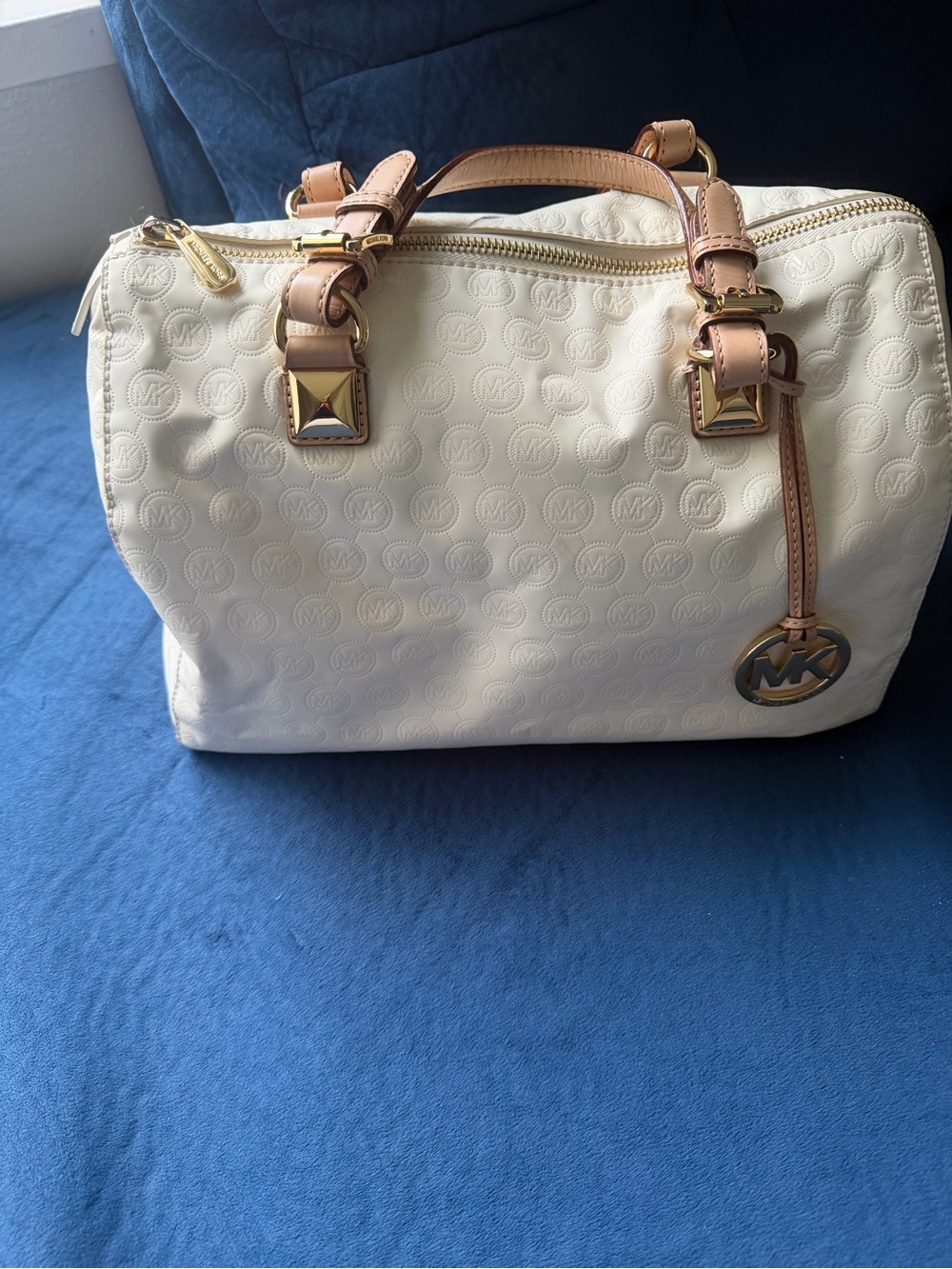 Michael Kors Cream Satchel with Tan Leather Trim and Gold Hardware